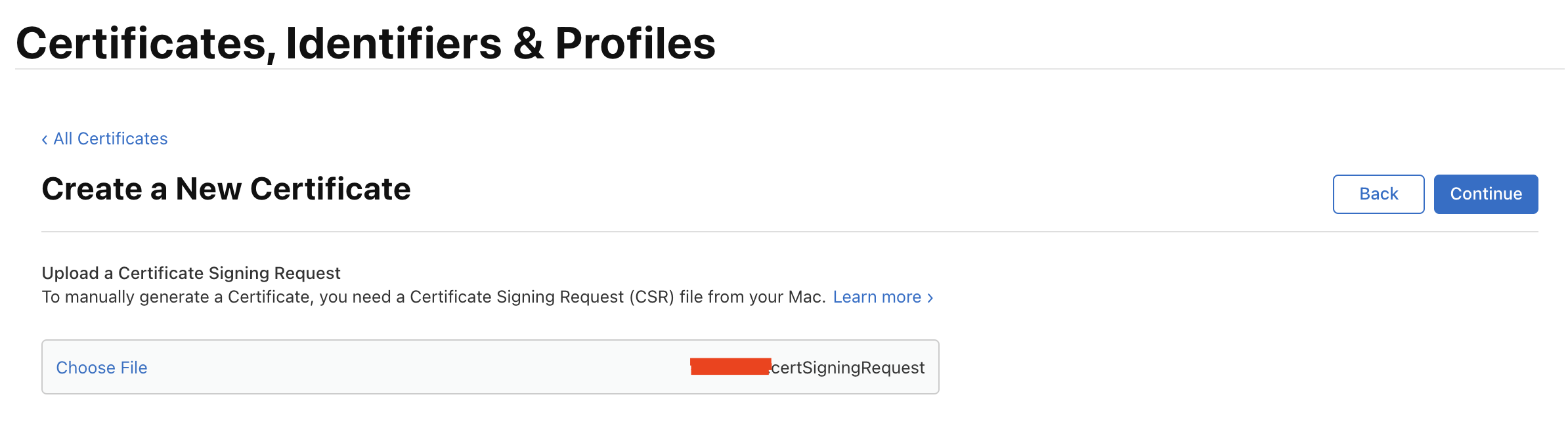 Upload the *.certSigningRequest file